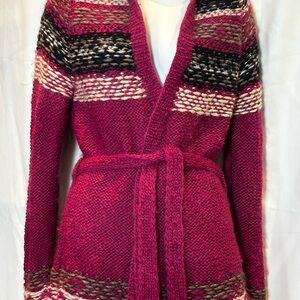New Scotland Wool Alpaca Hooded Cardigan Sweater Belted Nordic M